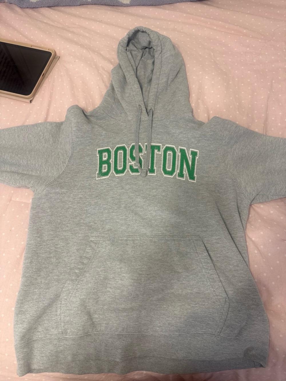 SHEIN Gray Hoodie Sweatshirt with Green "BOSTON" Lettering